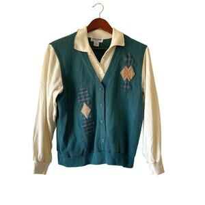 Vintage 80s Argyle Sweater Vest Style Button Up Shirt One Piece Medium
